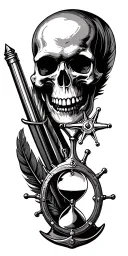 skulls, flintlock pistol, cutlass, quill pen, nautical compass, fouled anchor, ship's wheel, hourglass tattoo design idea