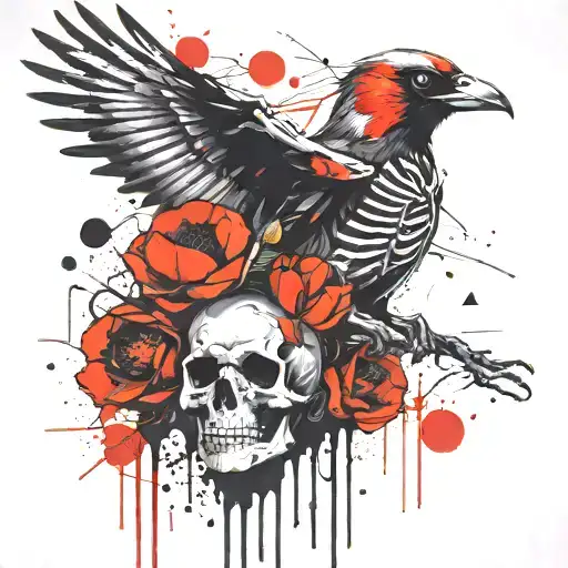skeleton bird with poppy tattoo design idea