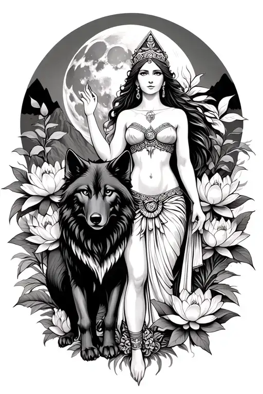 sexy Athena goddess surrounded by poeny and lotus flowers growing with a black wolf in a mountain range with the moon tattoo design idea