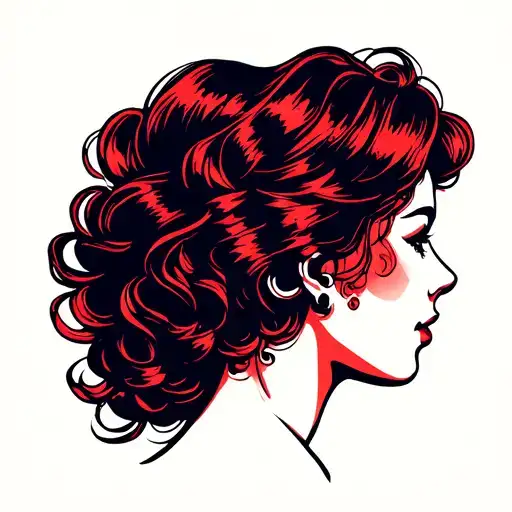 lady head profile with wavy curly hair  with red and black color looking straight traditional style tattoo design idea