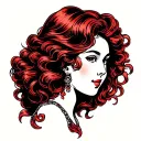 lady head profile with wavy curly hair  with red and black color looking straight traditional style tattoo design idea