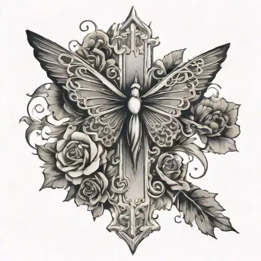 cross and cardinal and butterfly flying tattoo design idea