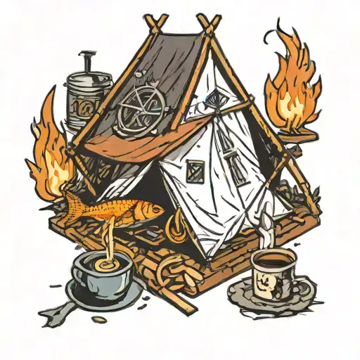 tent scrabble coffee fish campfire tattoo design idea