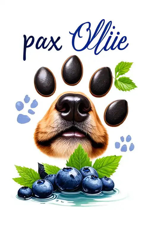 dog nose print with pax ne written and dog paw print with Ollie name written and pebbles, water and wild blueberries tattoo design idea