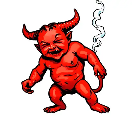 red baby devil standing up winking whilst smoking tatto stencil tattoo design idea