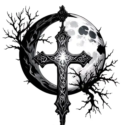 blake cross with a gray moon behind it and Philippians 4 13 tattoo design idea