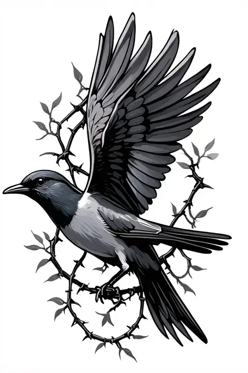swallow bird with barbed wire turning into vines growing tattoo design idea