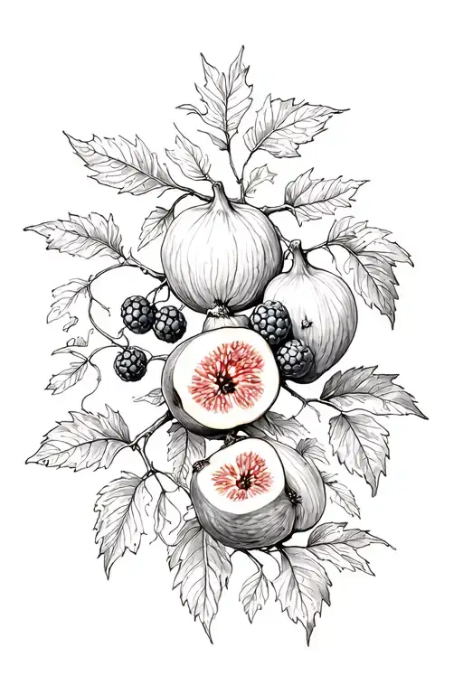whimsical flow  figs and fig leaves and vines and blackberries  tattoo design idea