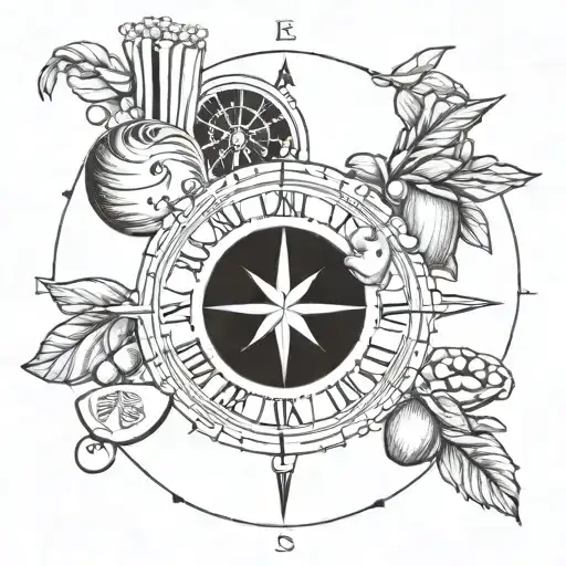 A tattoo design of a compass surrounded by various delicious foods to represent your love for travel and culinary experiences tattoo design idea