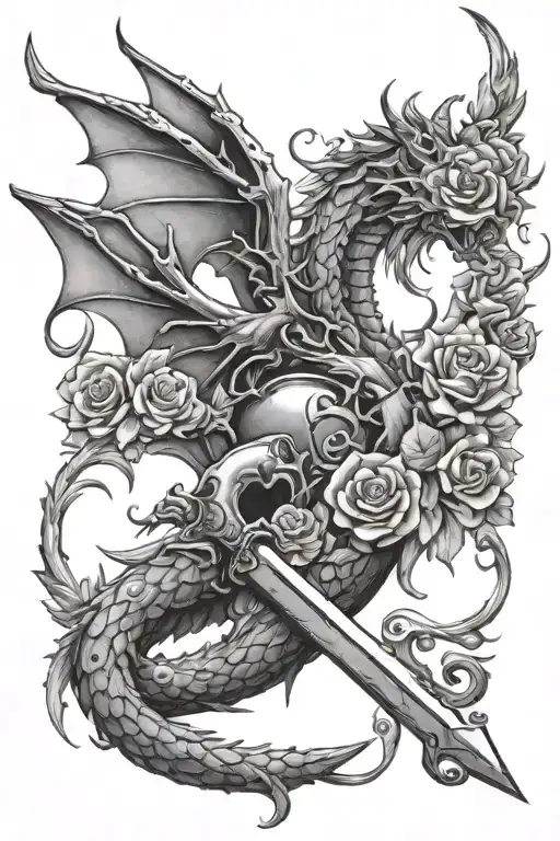 sword moon stars flowers heart crown dragon tattoo design idea