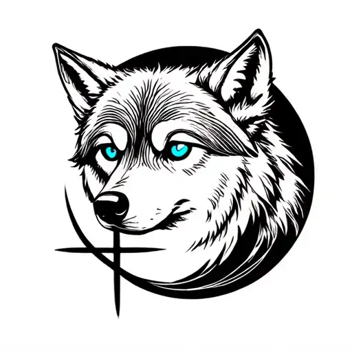 Create a wolf tattoo with blue eyes and one blind eye with a cross below it silhouetted by the moon tattoo design idea