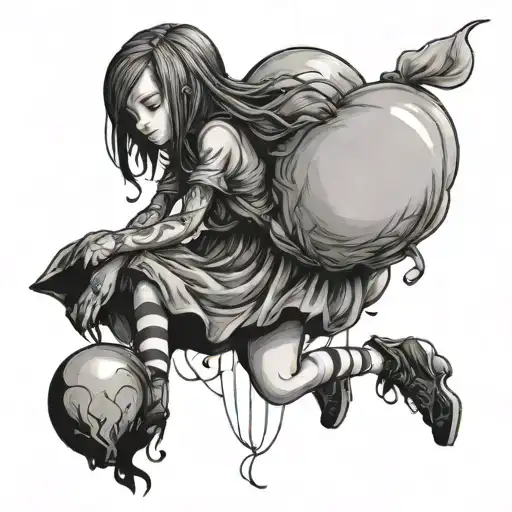 girl letting go of heart balloon floating tattoo design idea