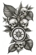 compass, Bay leaf and skull  tattoo design idea