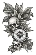 compass, Bay leaf and skull  tattoo design idea