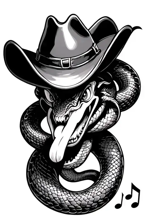 Snake with a cowboy hat but its tongue is music note intertwined tattoo design idea