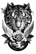 tiger eyes with a human princess with a rose and angel wings at the bottom, with a world in the background tattoo design idea
