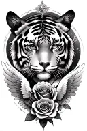 tiger eyes with a human princess with a rose and angel wings at the bottom, with a world in the background tattoo design idea