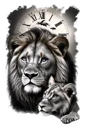 lion and cub and clock face tattoo design idea