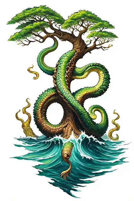 yggdrasil tree of life, midgard serpent at sea tattoo design idea