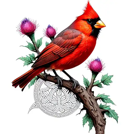 A majestic red cardinal perched on a Celtic tree of life with a Scottish thistle tattoo design idea