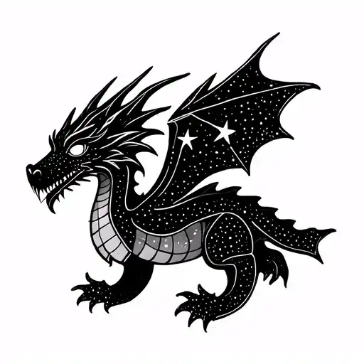 A tiny dragon shape made from:	•	stars	•	dots	•	one thin line tattoo design idea