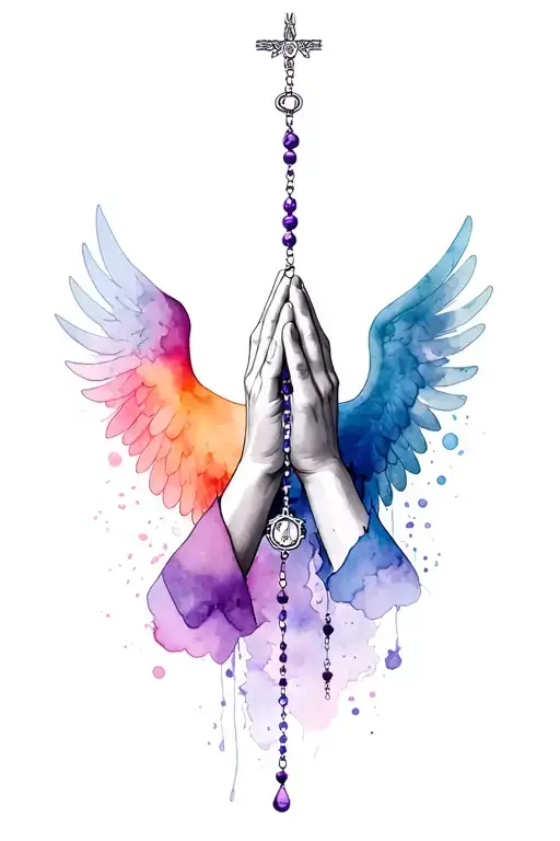 praying hands holding rosary beads with angel wings and water tattoo design idea