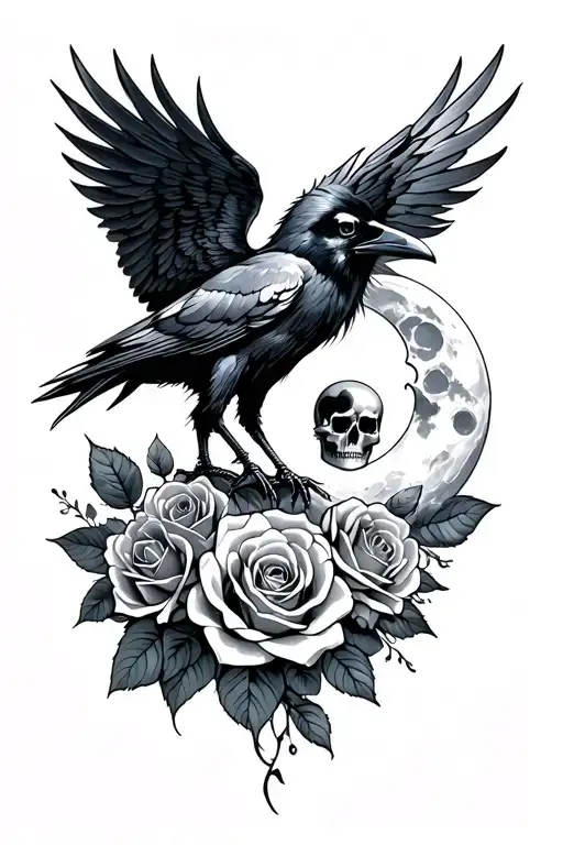 raven with open wings, moon, roses, memento mori tattoo design idea