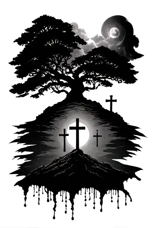3 crosses sitting on top of hill with a poison tree design growing up over the top meant for the inner forearm  tattoo design idea
