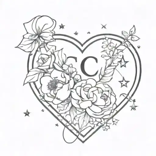 a bouquet tied together with a dog collar with the name tag being heart shaped with the letter c on it and stars tattoo design idea