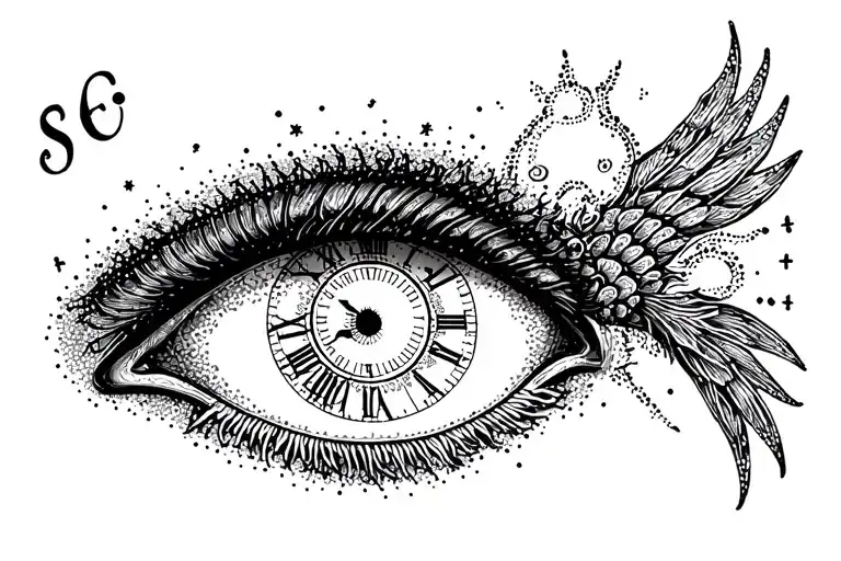 Pisces zodiac sign 3rd eye clock tower tarot card tattoo design idea