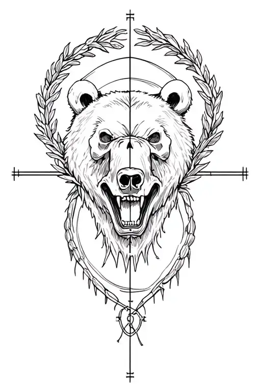 a wreath inside the crosshairs of topars, the grin of a bear with skulls tattoo design idea