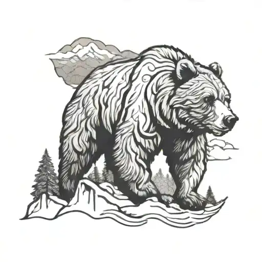 outline of a grizzly bear with the Teton mountains imbedded inside the outline tattoo design idea