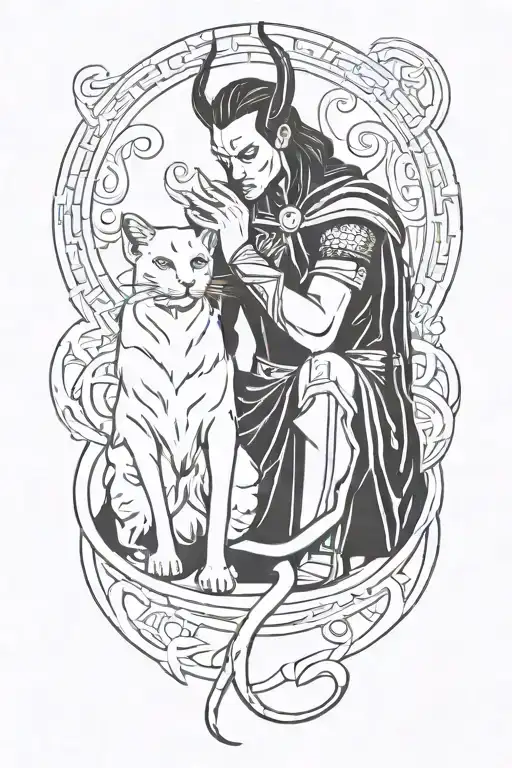 Loki god and cat playing tattoo design idea