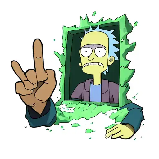 Rick (from Rick and Morty) with half of his body emerging from a classic green portal from the cartoon showing the middle finger tattoo design idea