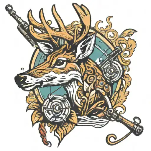 deer head, fishing pole country music notes tattoo design idea