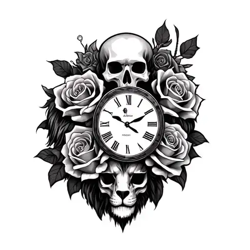 half sleeve skull roses clock and lion  tattoo design idea