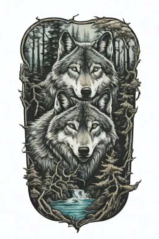 wolf blue eyes howling forest landscape tattoo design idea