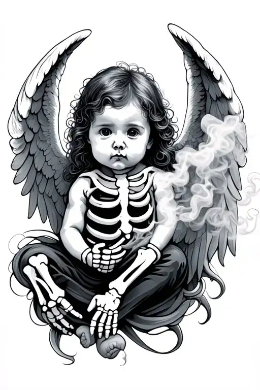 angel baby with smoke and skeleton hand tattoo design idea
