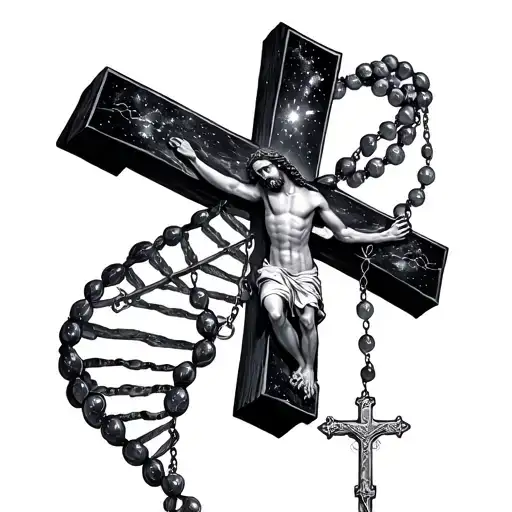 rosary with Jesus on cross morphs into DNA double helix then into a galaxy tattoo design idea
