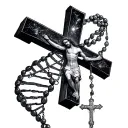 rosary with Jesus on cross morphs into DNA double helix then into a galaxy tattoo design idea