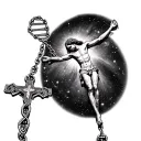 rosary with Jesus on cross morphs into DNA double helix then into a galaxy tattoo design idea
