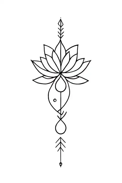lotus, water drop, arrow, and circles tattoo design idea