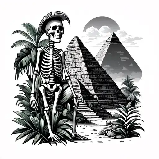 Skeleton traveler between Mexico and Cambodia jungle and desert with tropical plant and pyramid tattoo design idea