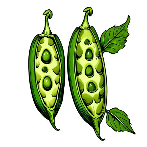 American traditional tattoo style of a vertical open pea pod with two peas inside. The pod is green and slightly curved, tattoo design idea