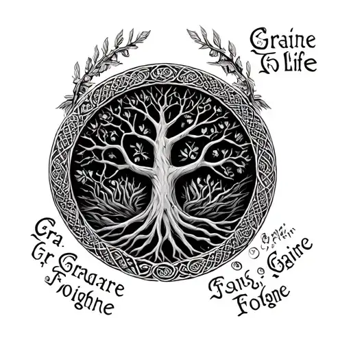 "Gra,   Graire,  Foighne" celtic tree of life with celtic design banding creating a circle around entire tree. Roots from tree form a celtic infin tattoo design idea