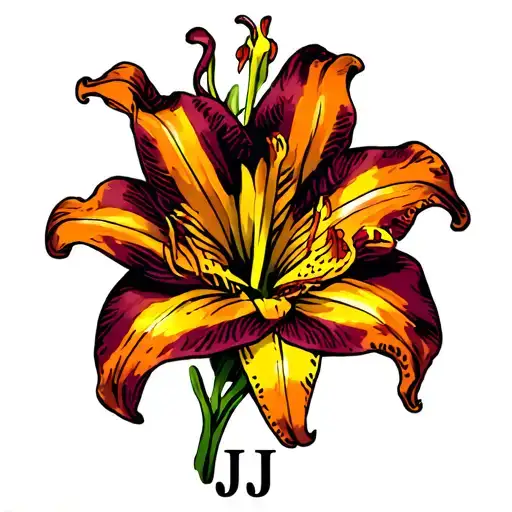 yellow orange and deep maroon tiger lily with the letters JJ incorporated  tattoo design idea