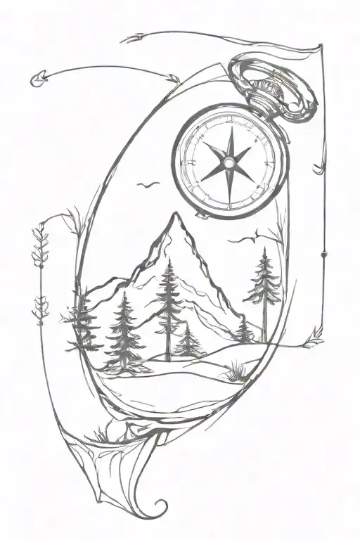 small and light tatoo with pine tree mountain hour glass compass combined together  tattoo design idea
