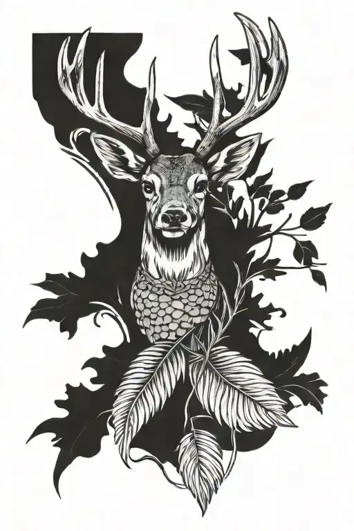 Tattoo design with deer antlers, brook trout and turkey feather simple tattoo design idea
