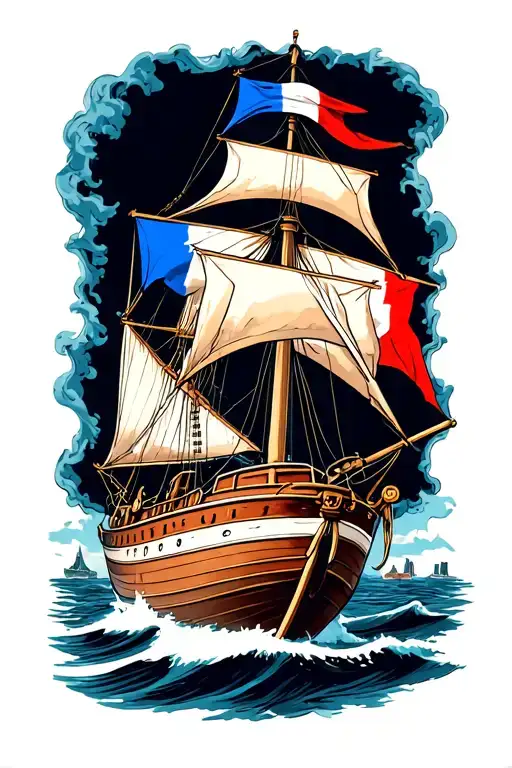 "blue to the mast, true to the " sailing boat with french flag tattoo design idea