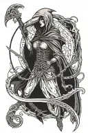 female reaper character, neither good nor bad, neutral. with a scythe in hand and a raven tattoo design idea